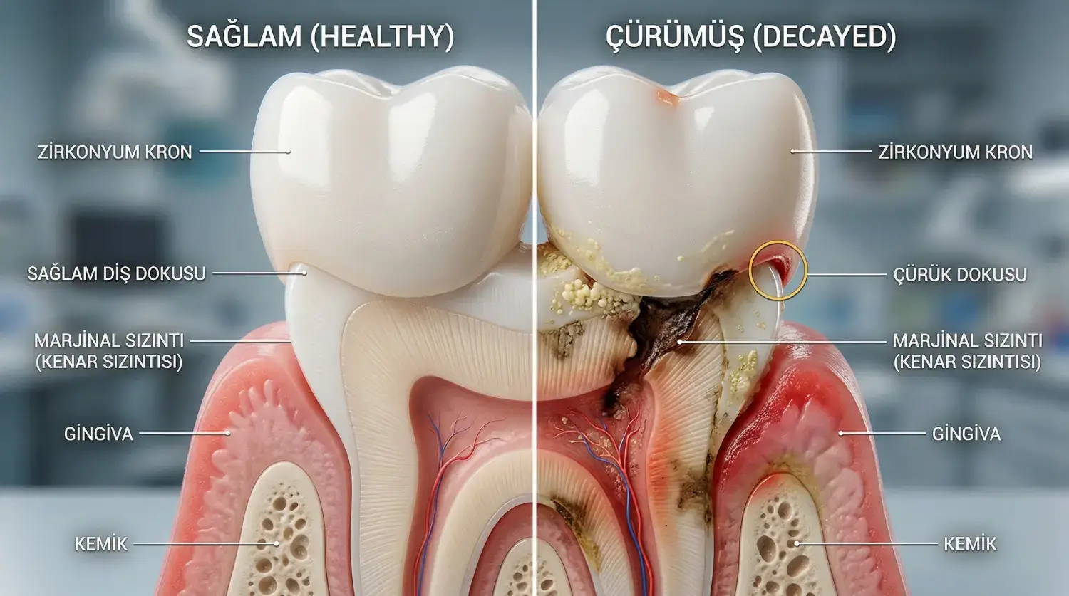 zirkonyum diş altındaki diş çürür mü